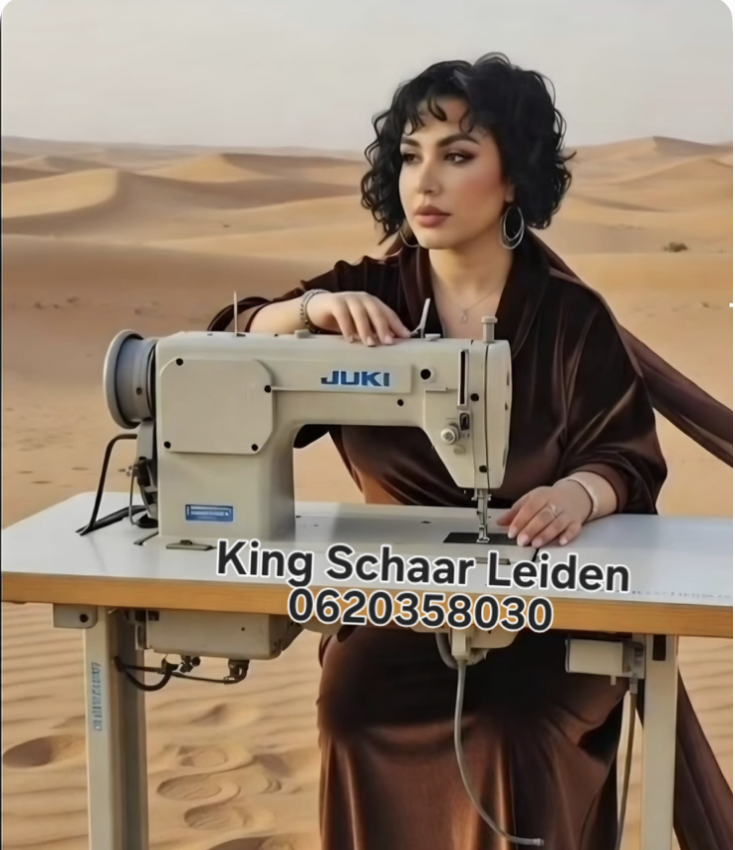 Vrouw achter een naaimachine in de woestijn